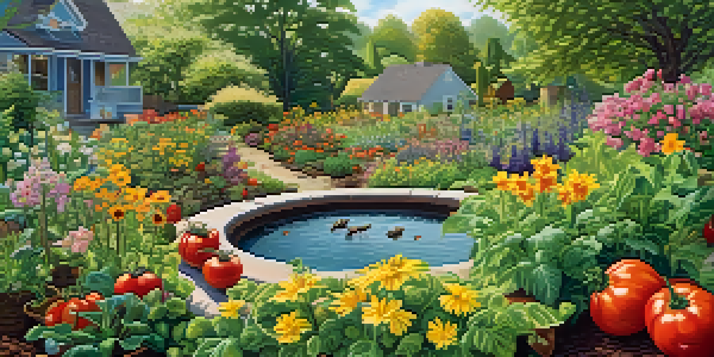 A colorful organic garden with a variety of flowers and vegetables, alive with insects and birds.