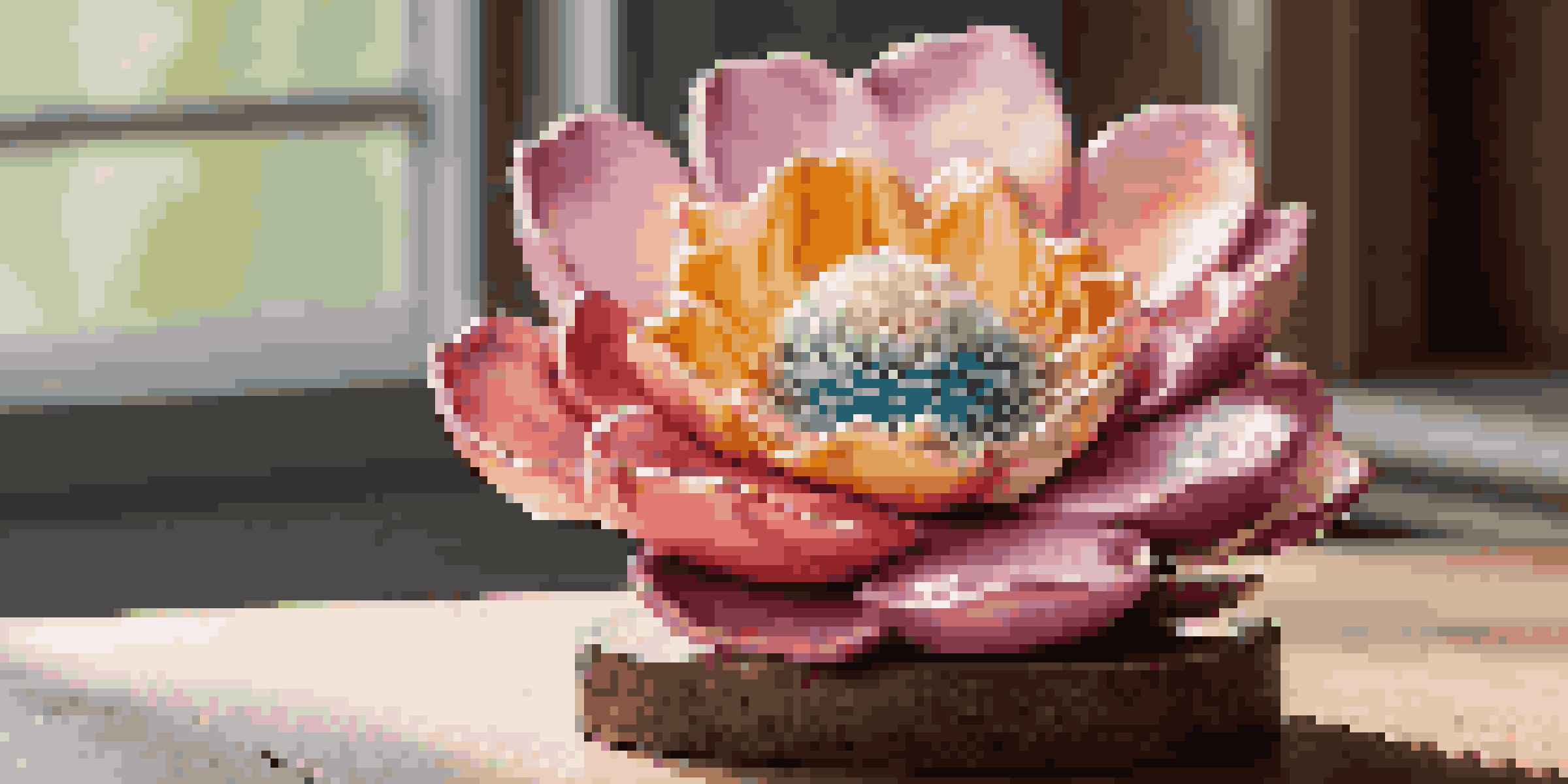 A vibrant soap sculpture shaped like a flower, displayed on a wooden table with natural light illuminating its details.