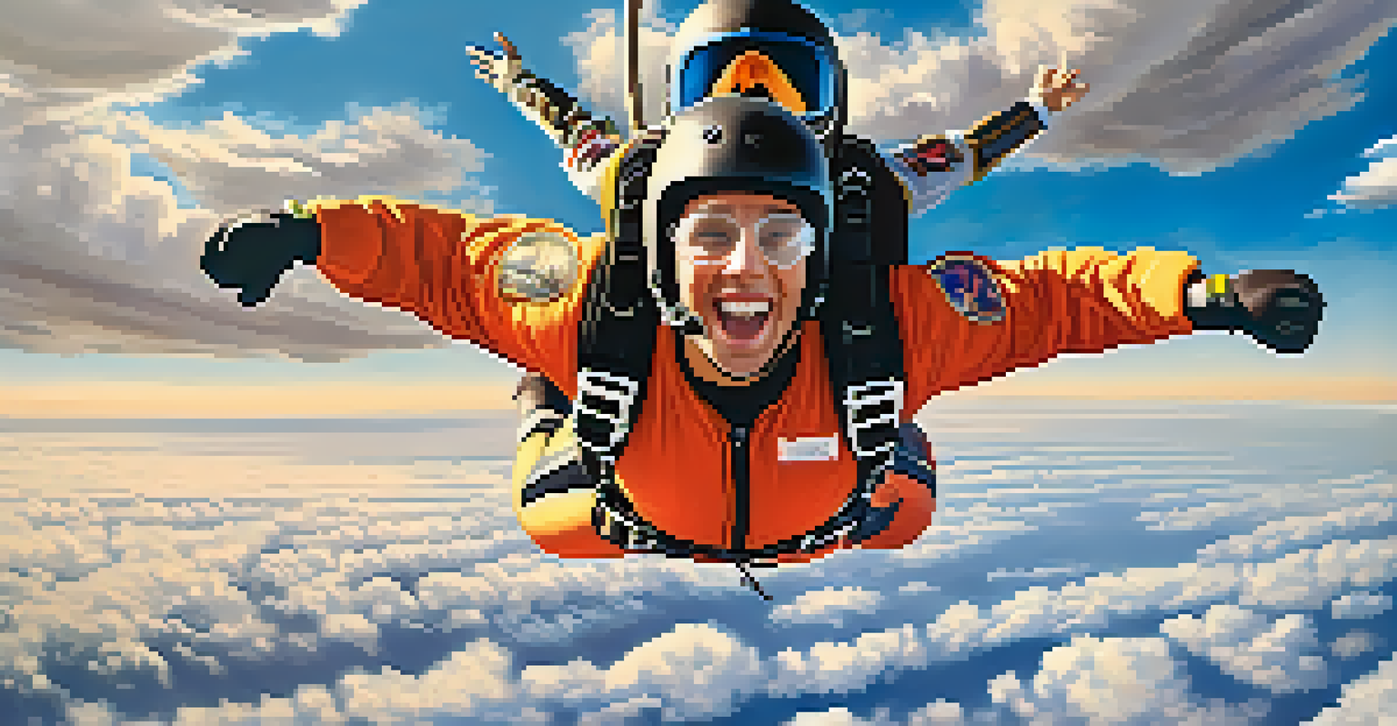 A close-up of a skydiving instructor and a first-time jumper at the edge of an airplane, with a blue sky in the background.