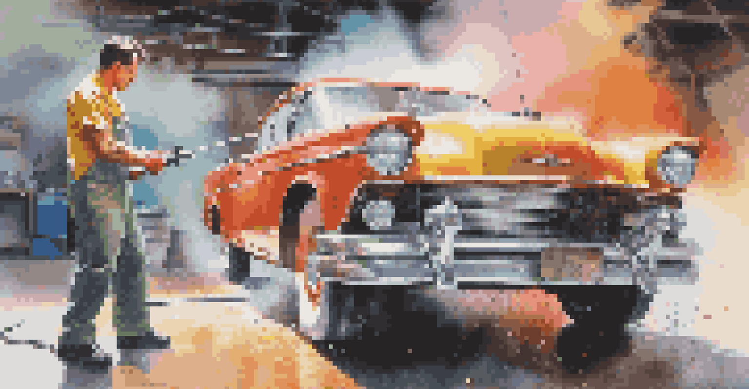 A mechanic painting a vintage car with a spray gun in a garage, surrounded by safety gear.