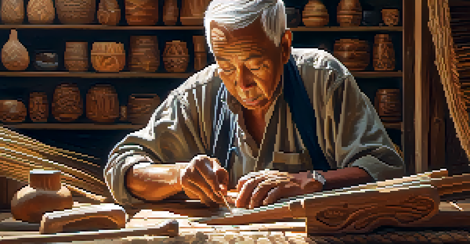 A close-up portrait of an elderly artisan carving wood, with natural light highlighting his work.