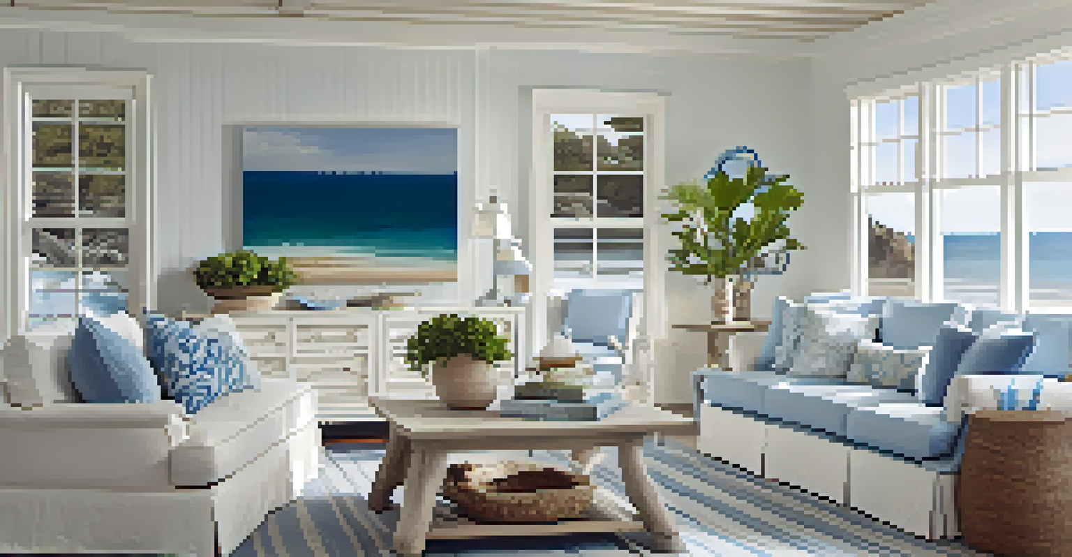 A bright coastal living room with blue and white colors, driftwood accents, and large windows showcasing ocean views, creating a relaxed ambiance.