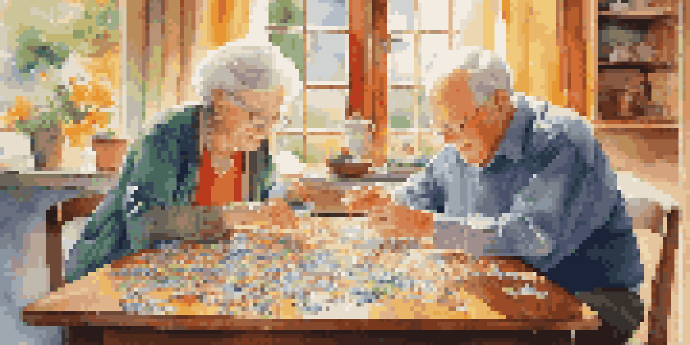 A senior couple happily assembling a jigsaw puzzle at a wooden table in a cozy living room.