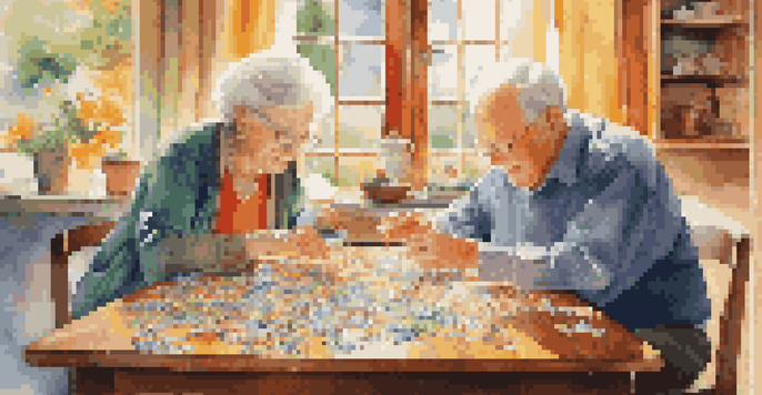 A senior couple happily assembling a jigsaw puzzle at a wooden table in a cozy living room.