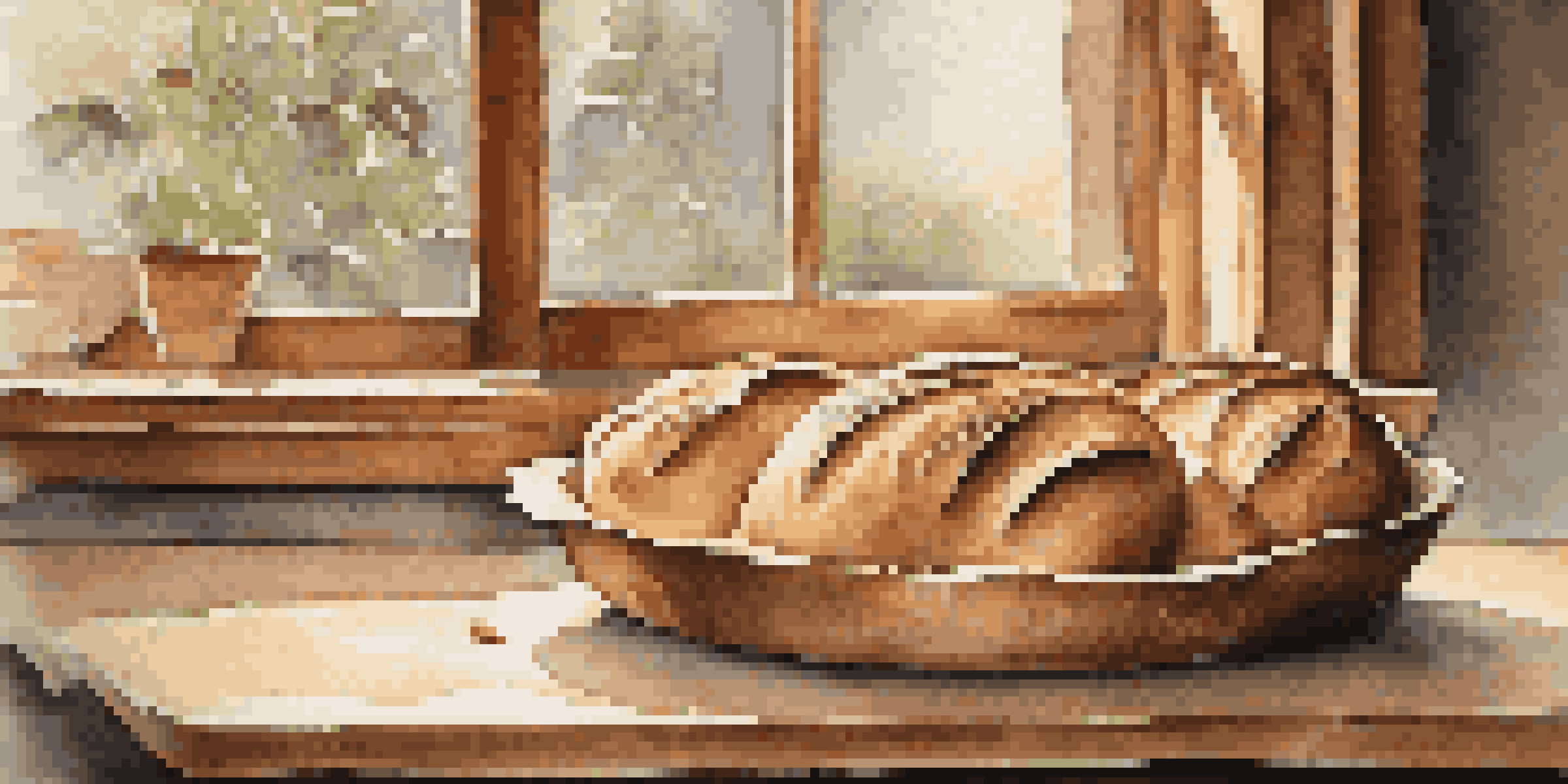 A rustic kitchen with freshly baked loaves of bread on a wooden cutting board, showcasing intricate leaf patterns and dusted with flour, illuminated by soft natural light.
