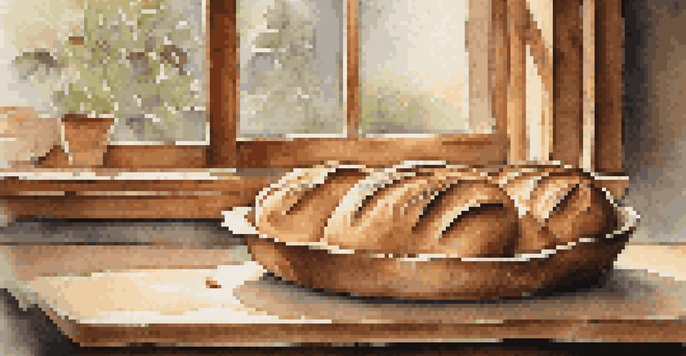A rustic kitchen with freshly baked loaves of bread on a wooden cutting board, showcasing intricate leaf patterns and dusted with flour, illuminated by soft natural light.