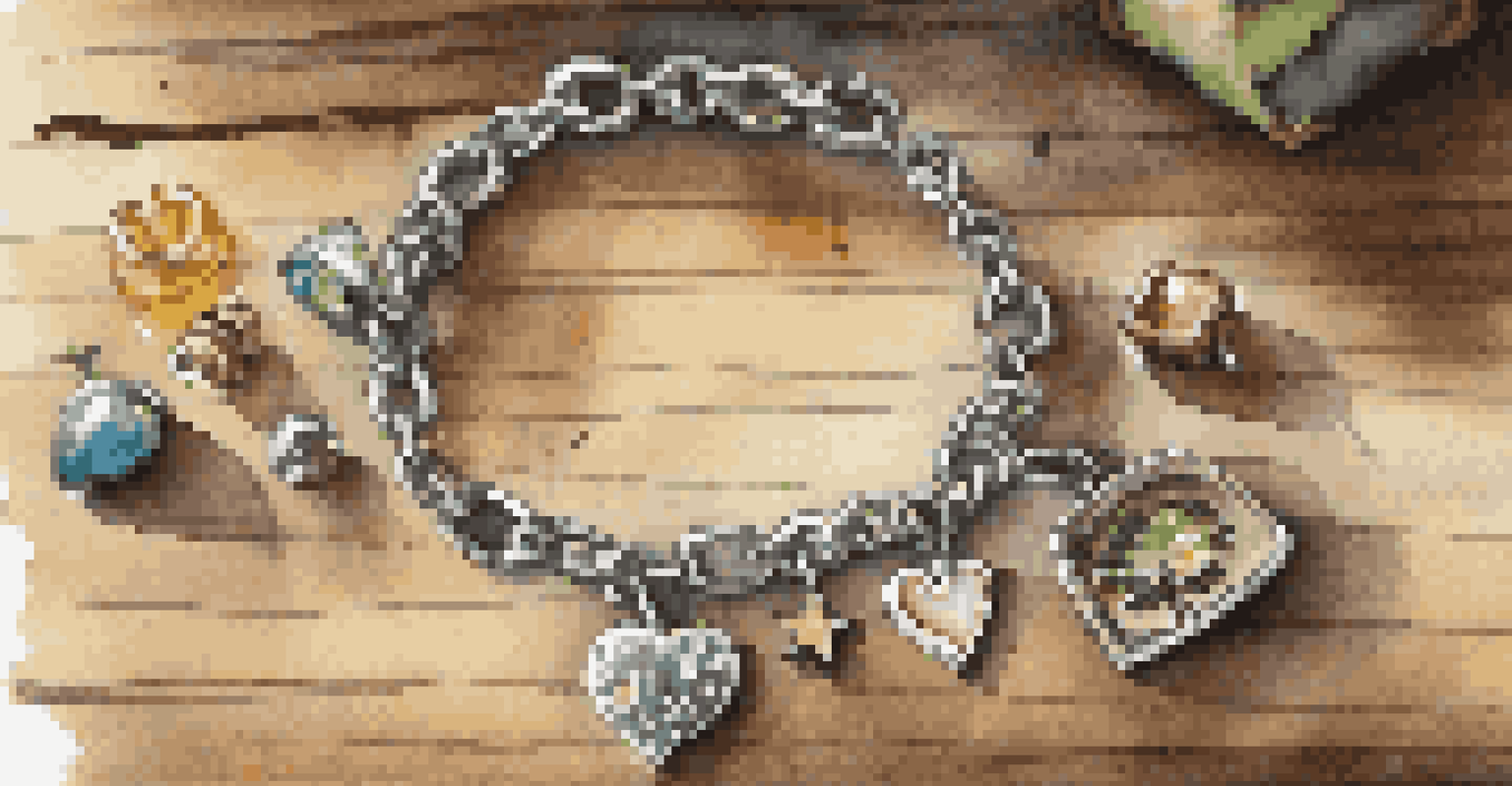 A charm bracelet with various charms displayed on a wooden table, illuminated by natural light.