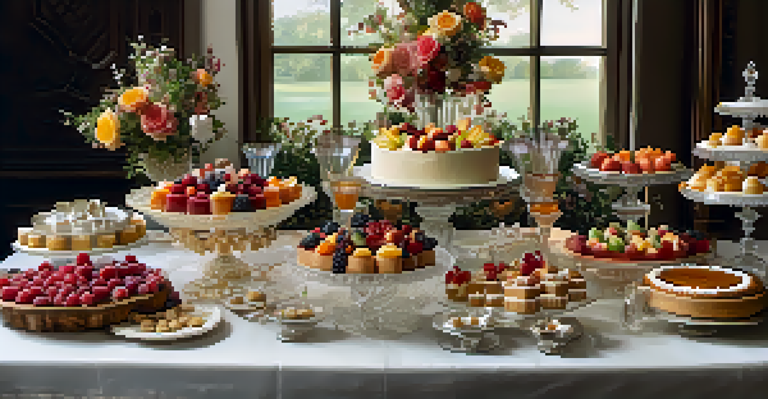 An elegantly arranged dessert table from the 14th century, showcasing fruit pies and marchpane figures with fine linens.