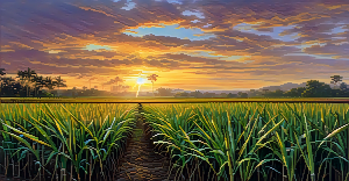 A close-up view of a sugarcane field at sunset, with illuminated green stalks and a colorful sky.