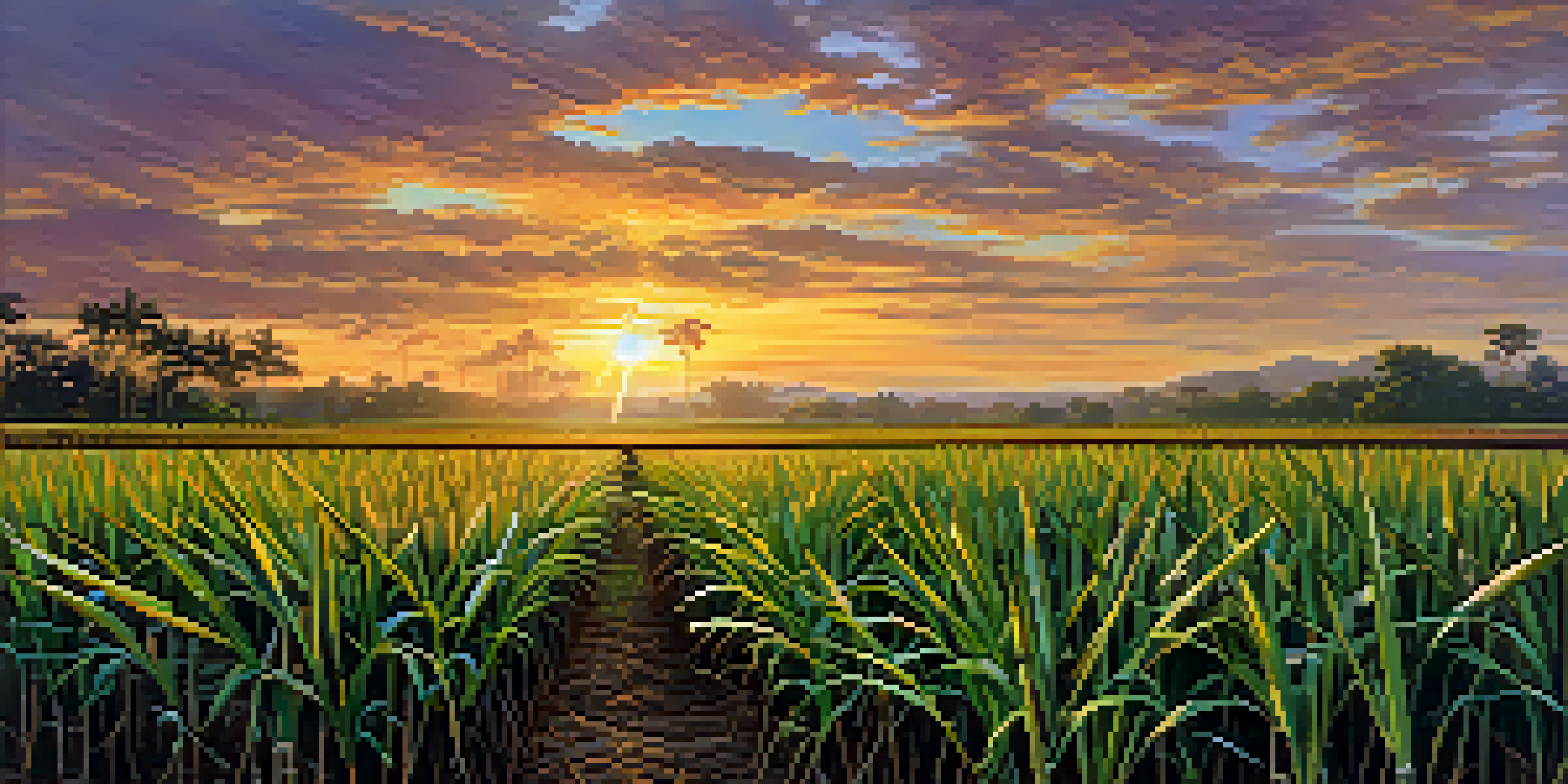 A close-up view of a sugarcane field at sunset, with illuminated green stalks and a colorful sky.