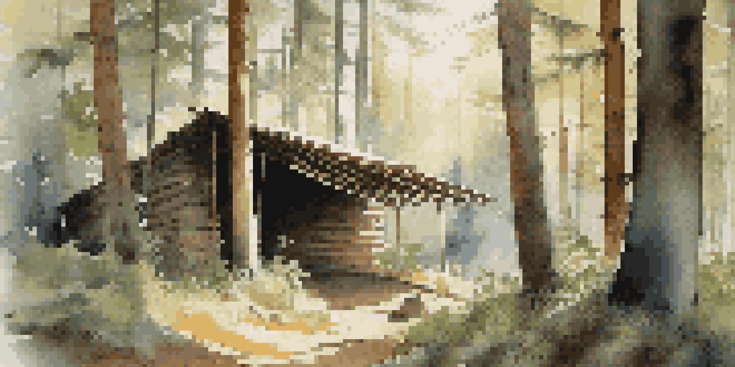 A simple lean-to shelter made of natural materials in a forest, with soft bedding of leaves and sunlight filtering through the trees.
