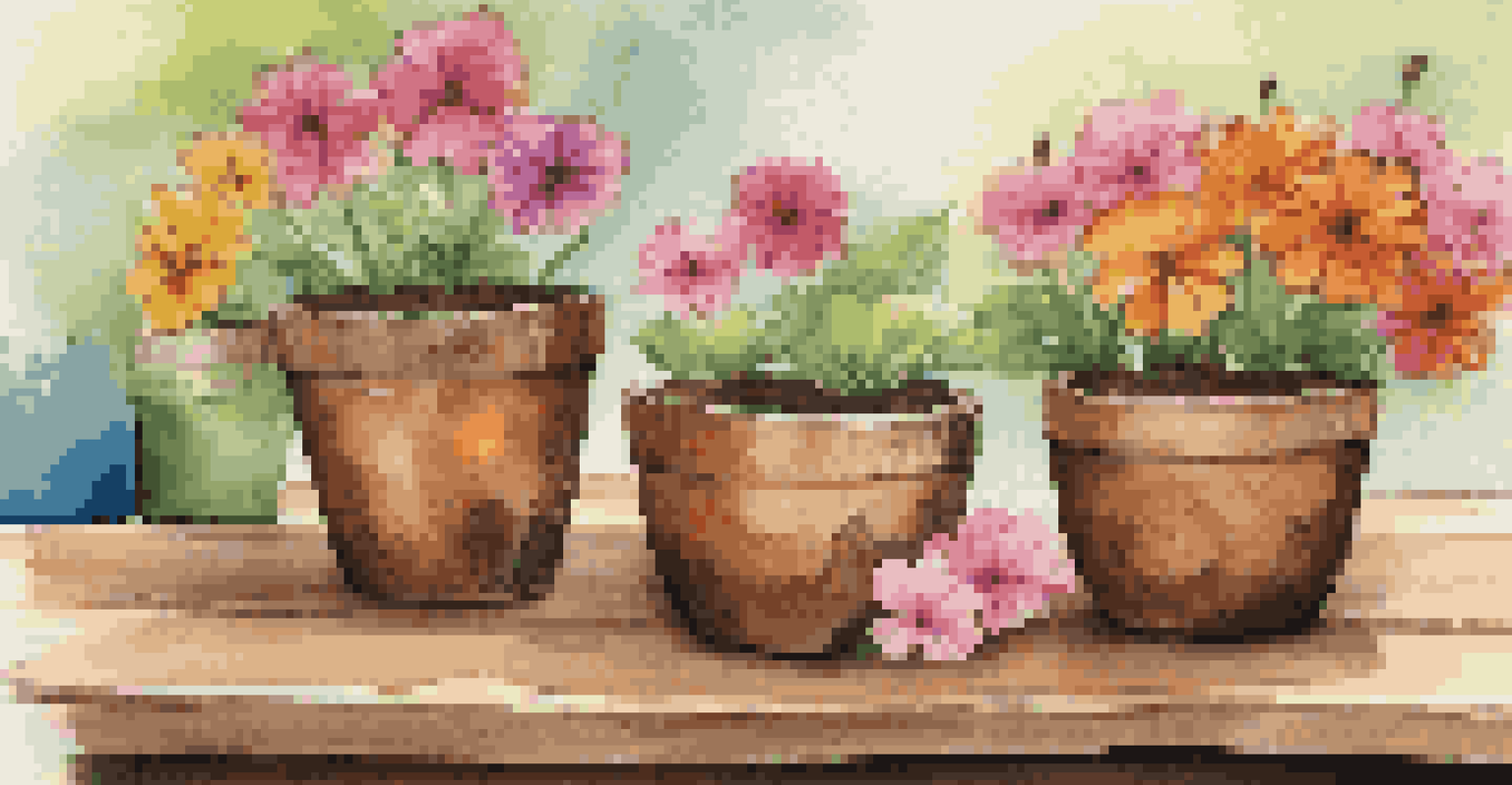 Eco-friendly biodegradable pots with blooming flowers on a rustic wooden surface, surrounded by gardening tools.