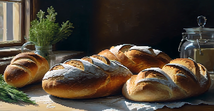 A wooden table with various freshly baked artisan bread loaves, a bowl of flour, and herbs in soft natural light.