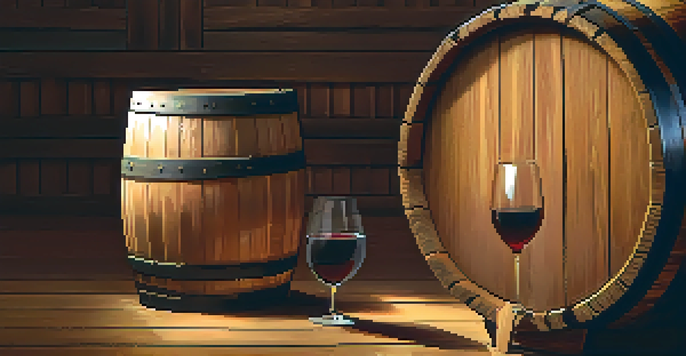 A close-up of an oak barrel in a dimly lit wine cellar, with wine glasses filled with red wine nearby.