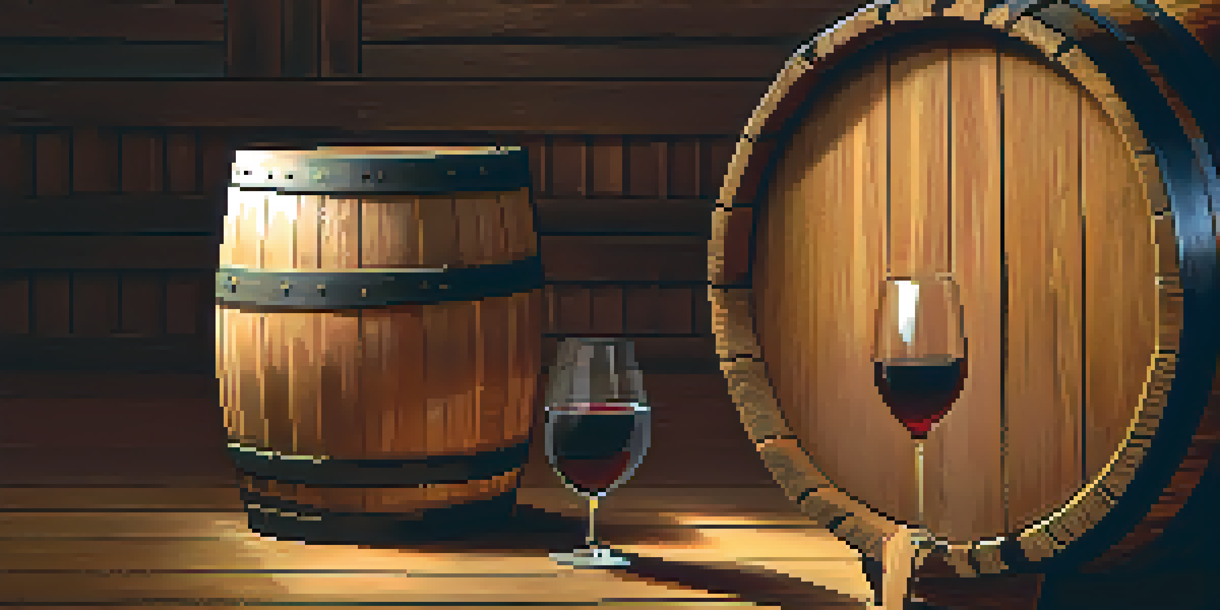 A close-up of an oak barrel in a dimly lit wine cellar, with wine glasses filled with red wine nearby.