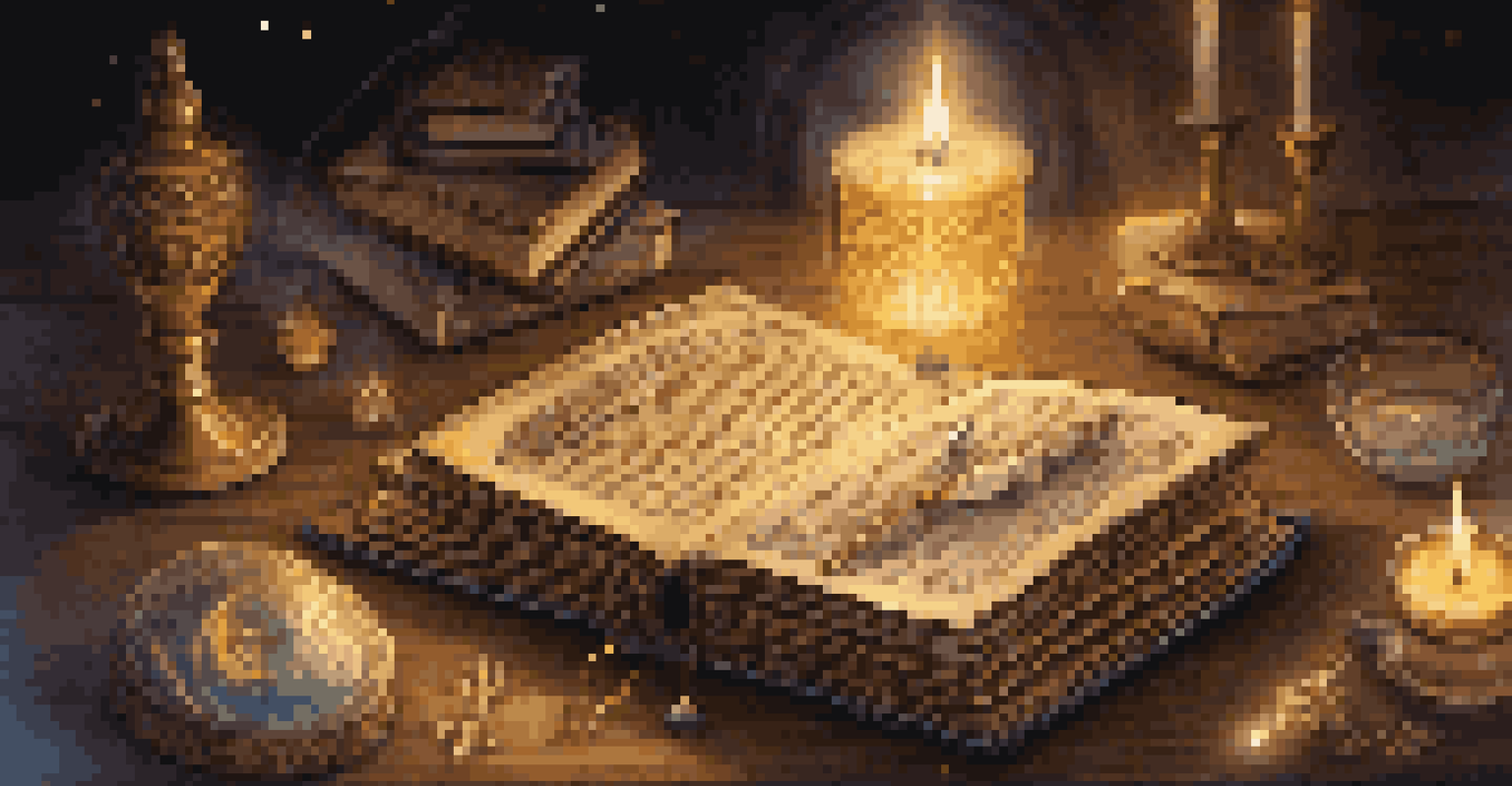 An ancient spellbook opened on a wooden table with glowing symbols, surrounded by candles and magical artifacts.
