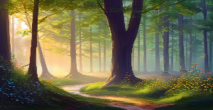 A peaceful forest scene at dawn with tall trees, sunlight filtering through, and a winding stream.