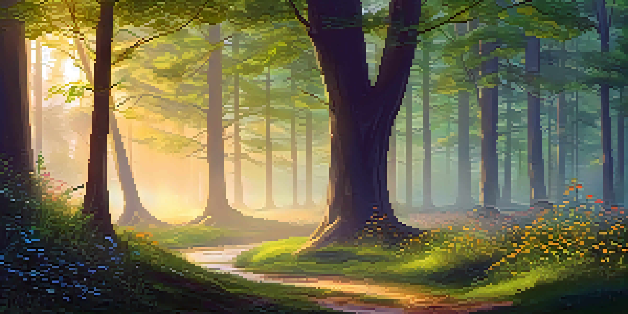 A peaceful forest scene at dawn with tall trees, sunlight filtering through, and a winding stream.