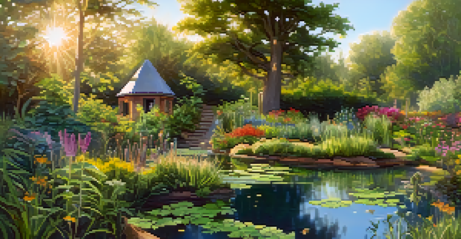 A tranquil wildlife habitat in a permaculture garden with a pond, native plants, birdhouses, and insects, all in warm afternoon light.