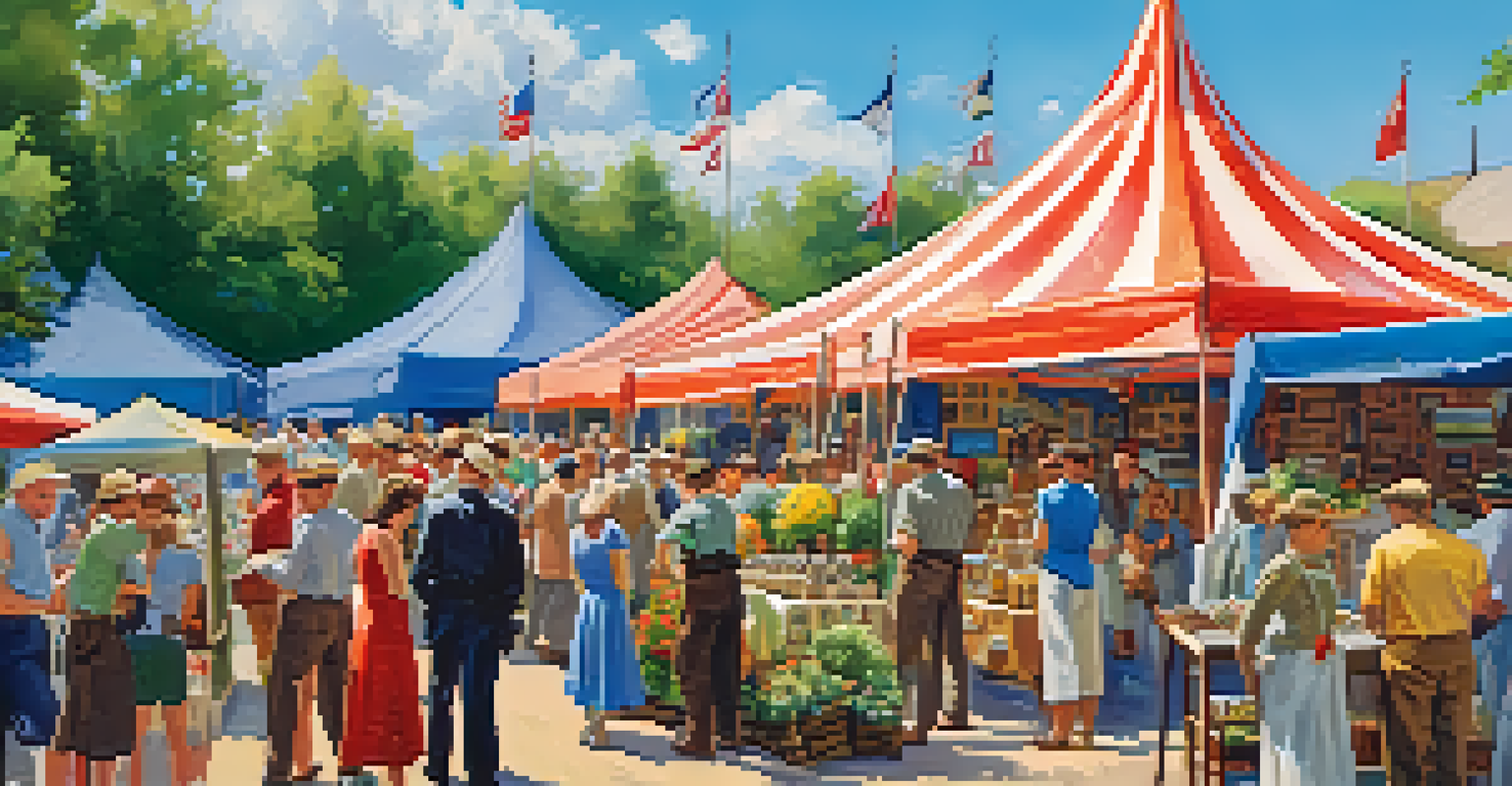 An outdoor stamp exhibition with colorful booths and attendees examining rare stamps, set against a bright blue sky and green trees.