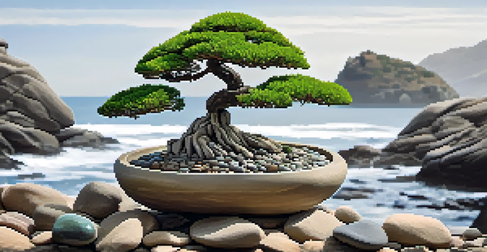 A serene bonsai tree surrounded by smooth pebbles and rugged boulders, illuminated by soft natural light.
