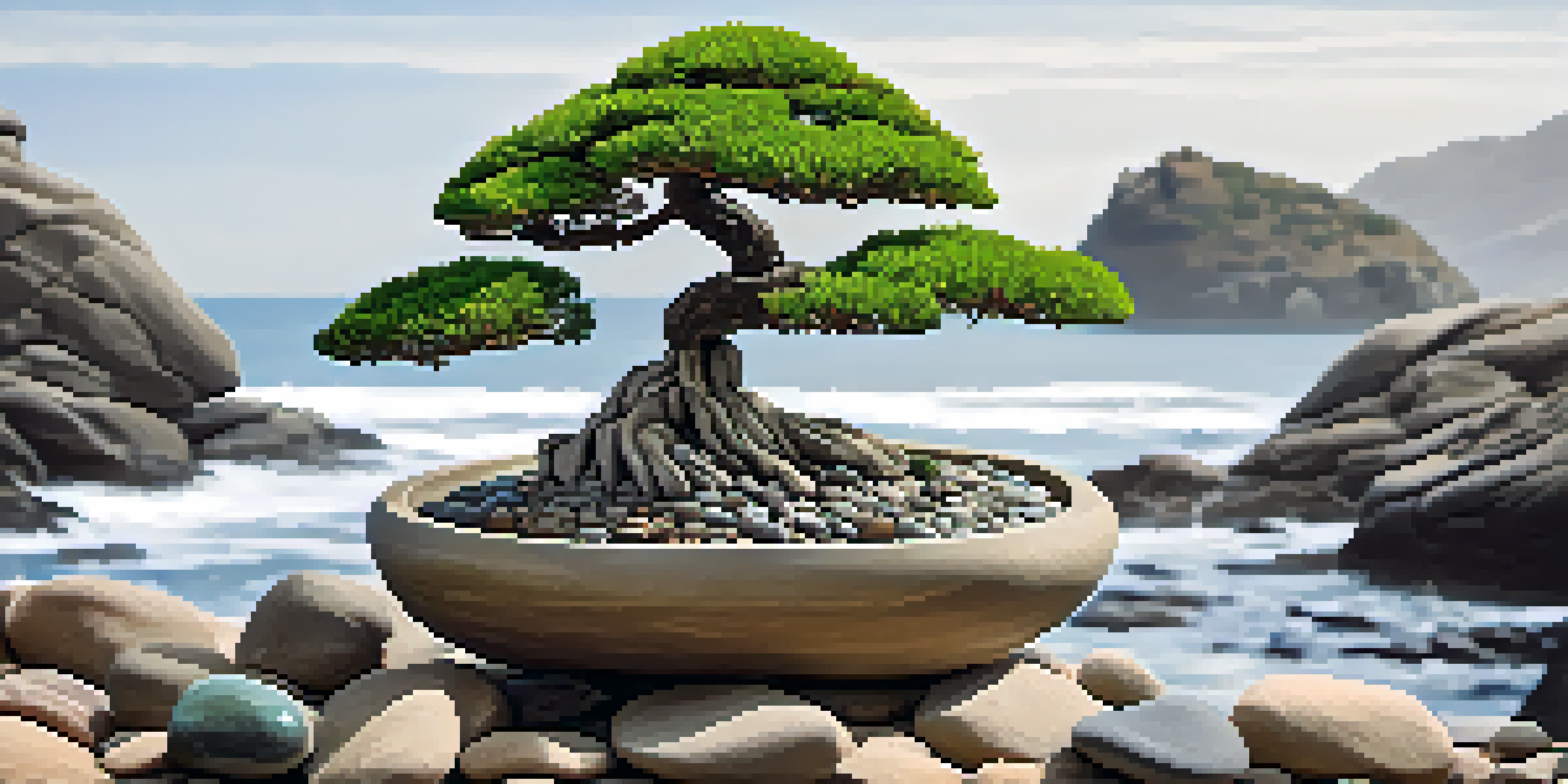 A serene bonsai tree surrounded by smooth pebbles and rugged boulders, illuminated by soft natural light.
