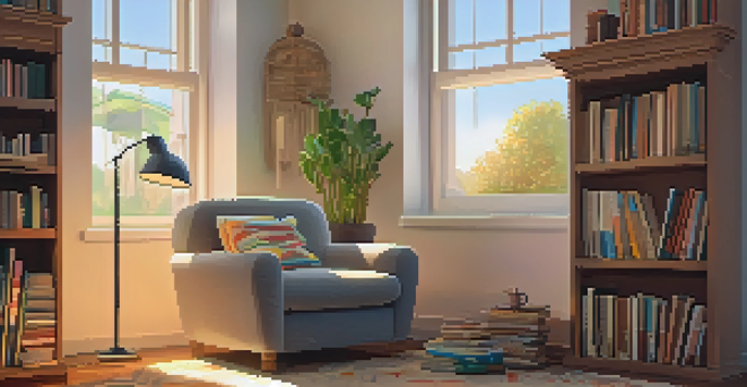 A cozy reading nook with a plush armchair, a blanket, a stack of colorful books, a lamp, and a potted plant, with natural light coming through a window.