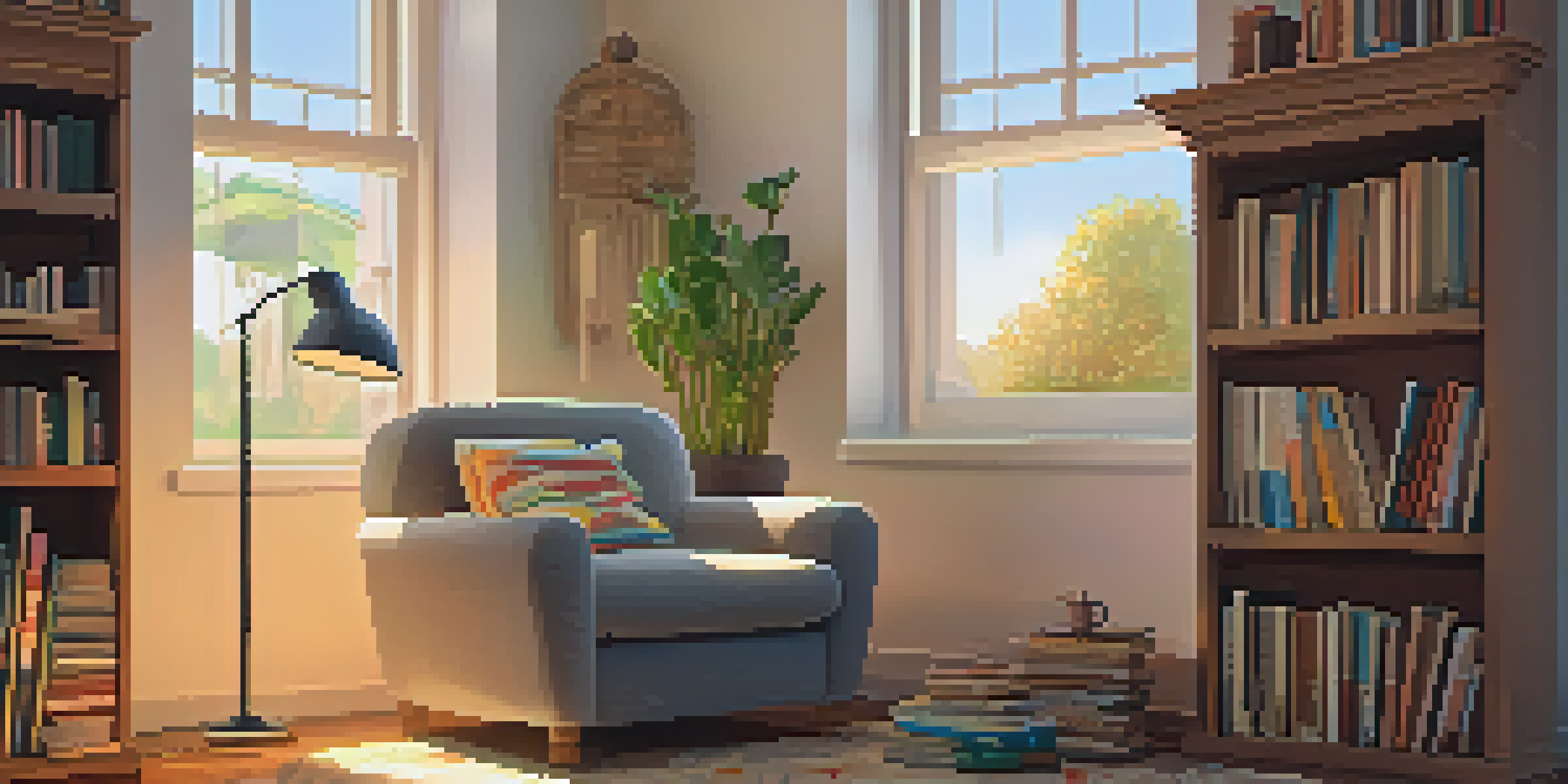 A cozy reading nook with a plush armchair, a blanket, a stack of colorful books, a lamp, and a potted plant, with natural light coming through a window.