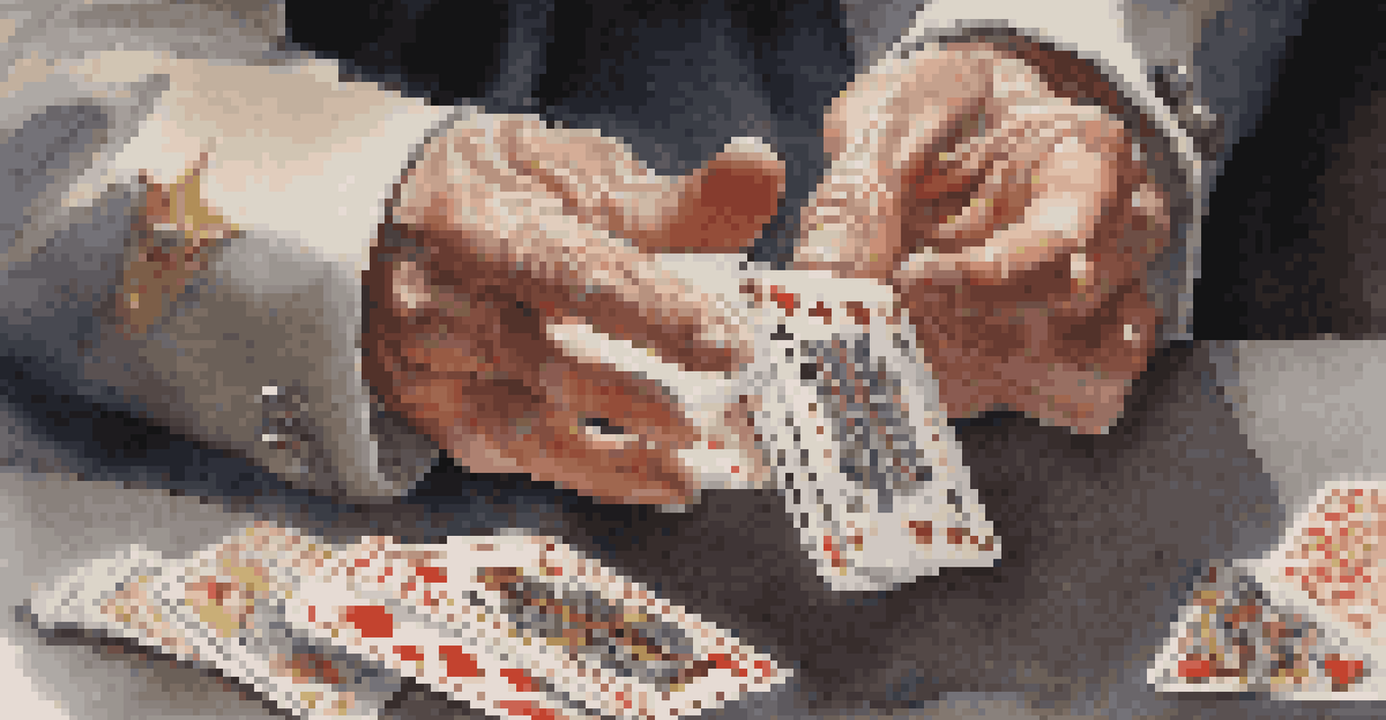 A close-up of a magician's hands performing a sleight of hand trick with floating cards, against a blurred background.