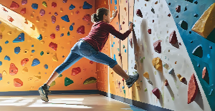 A climber practicing footwork on a colorful climbing wall, highlighting their focus and movement.