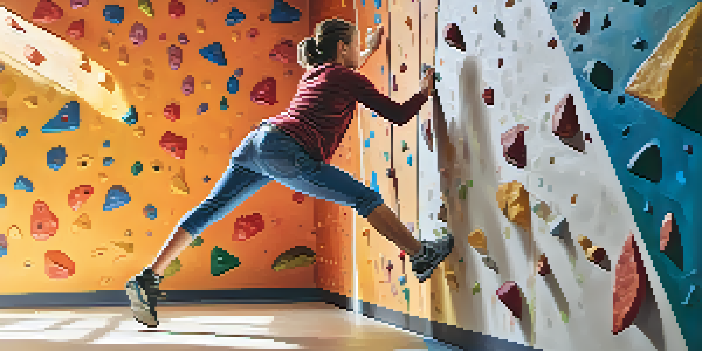 A climber practicing footwork on a colorful climbing wall, highlighting their focus and movement.