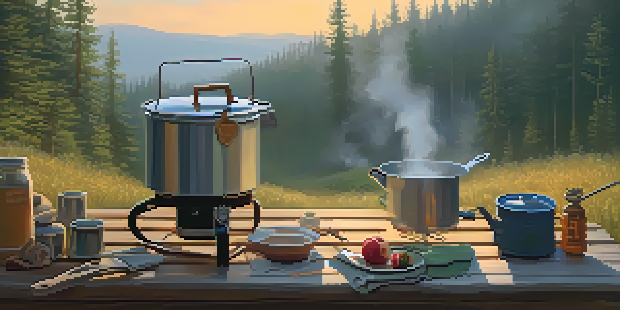 A campsite at dawn with a camping stove, pot of oatmeal, fresh fruit, and a multi-tool, illuminated by soft morning light.