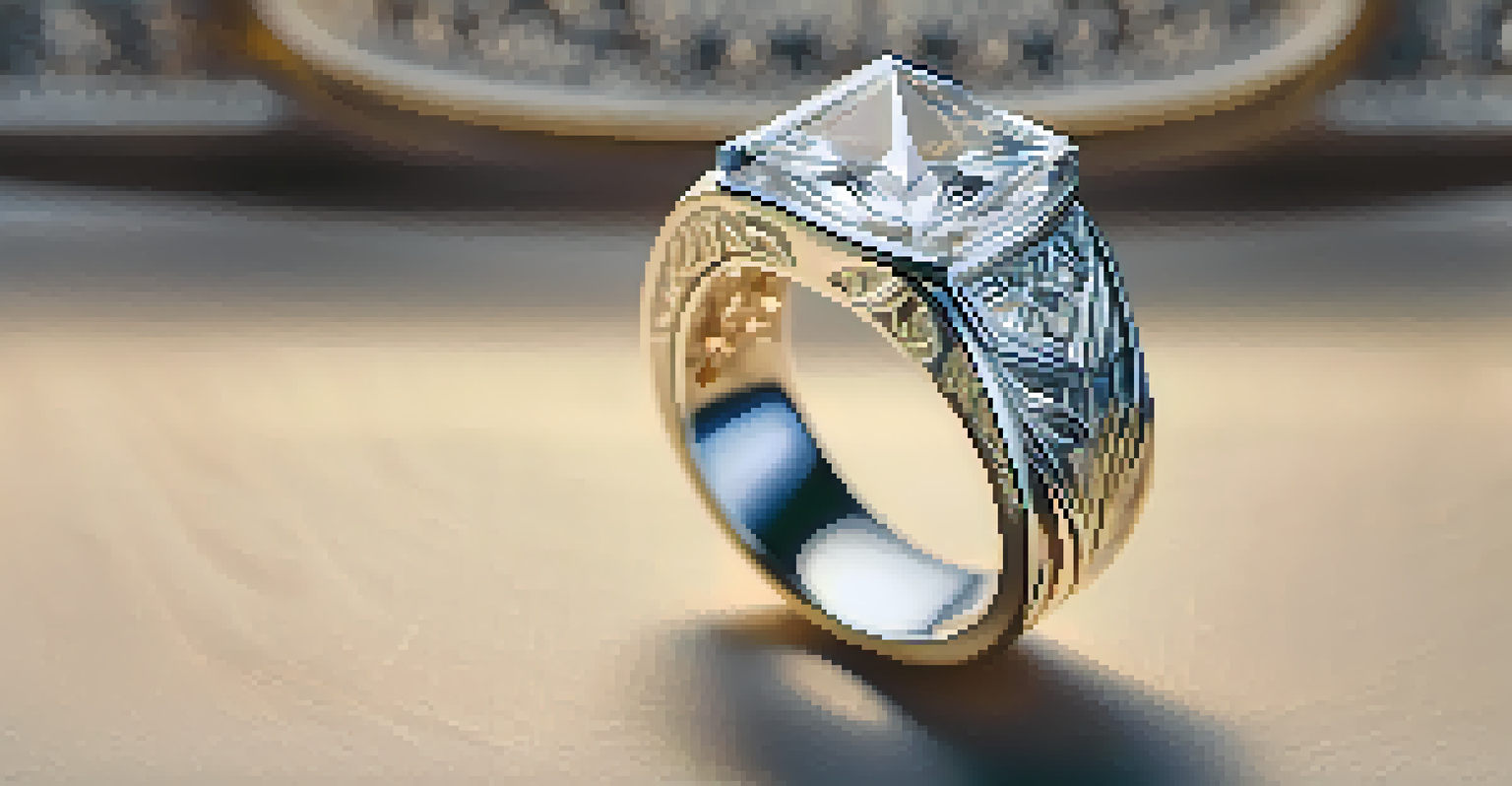 A modern jewelry display with a 3D-printed ring and a hand-engraved pendant against a minimalist background.