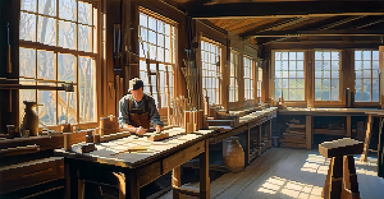 A woodworker in a workshop, focusing on creating a mortise and tenon joint with sunlight streaming in.