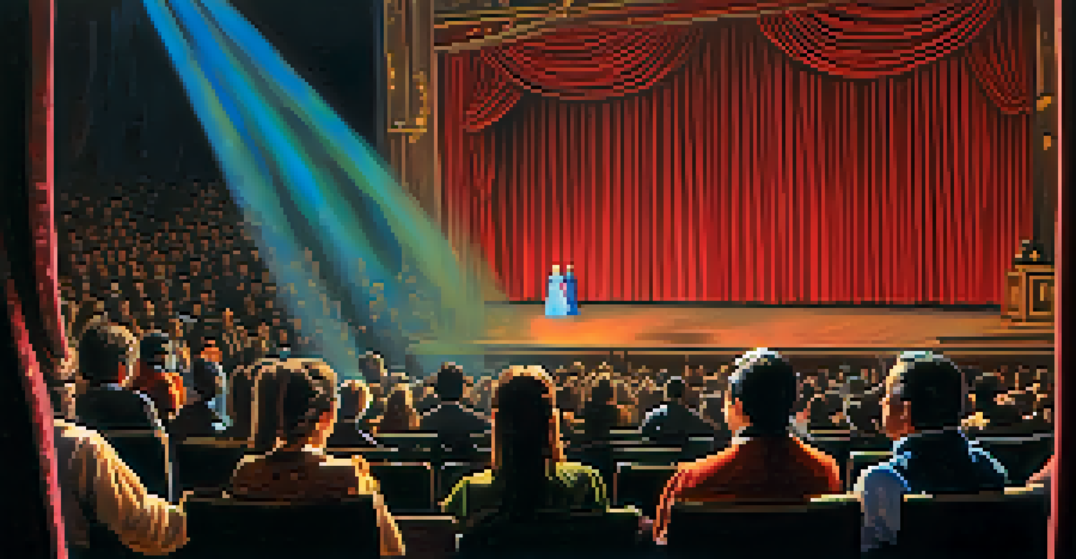 An audience captivated by a theatrical performance, with expressions of suspense and intrigue under the stage lights.
