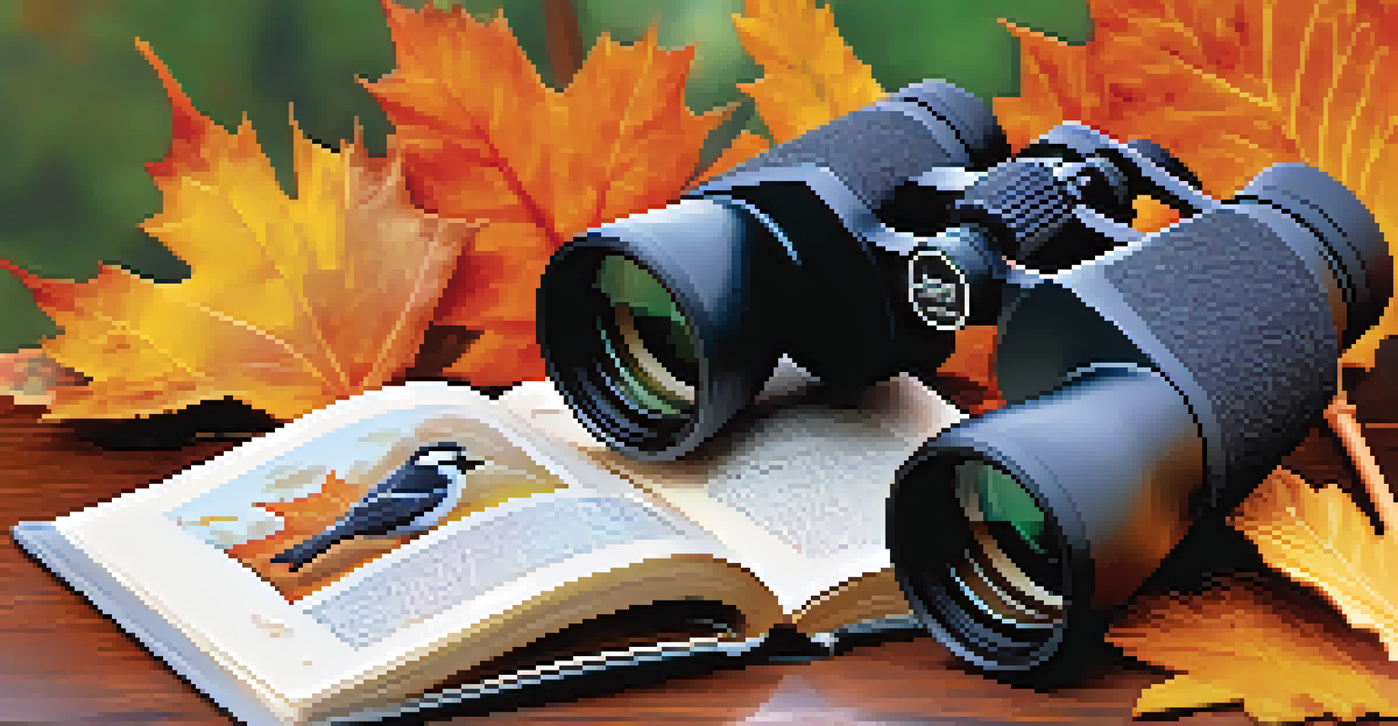 Close-up of binoculars on a nature guidebook with autumn leaves and colorful birds blurred in the background.
