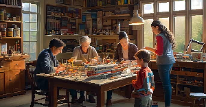 A family working together on a scale model airplane in a cozy workshop, with warm light and various tools and kits around them.