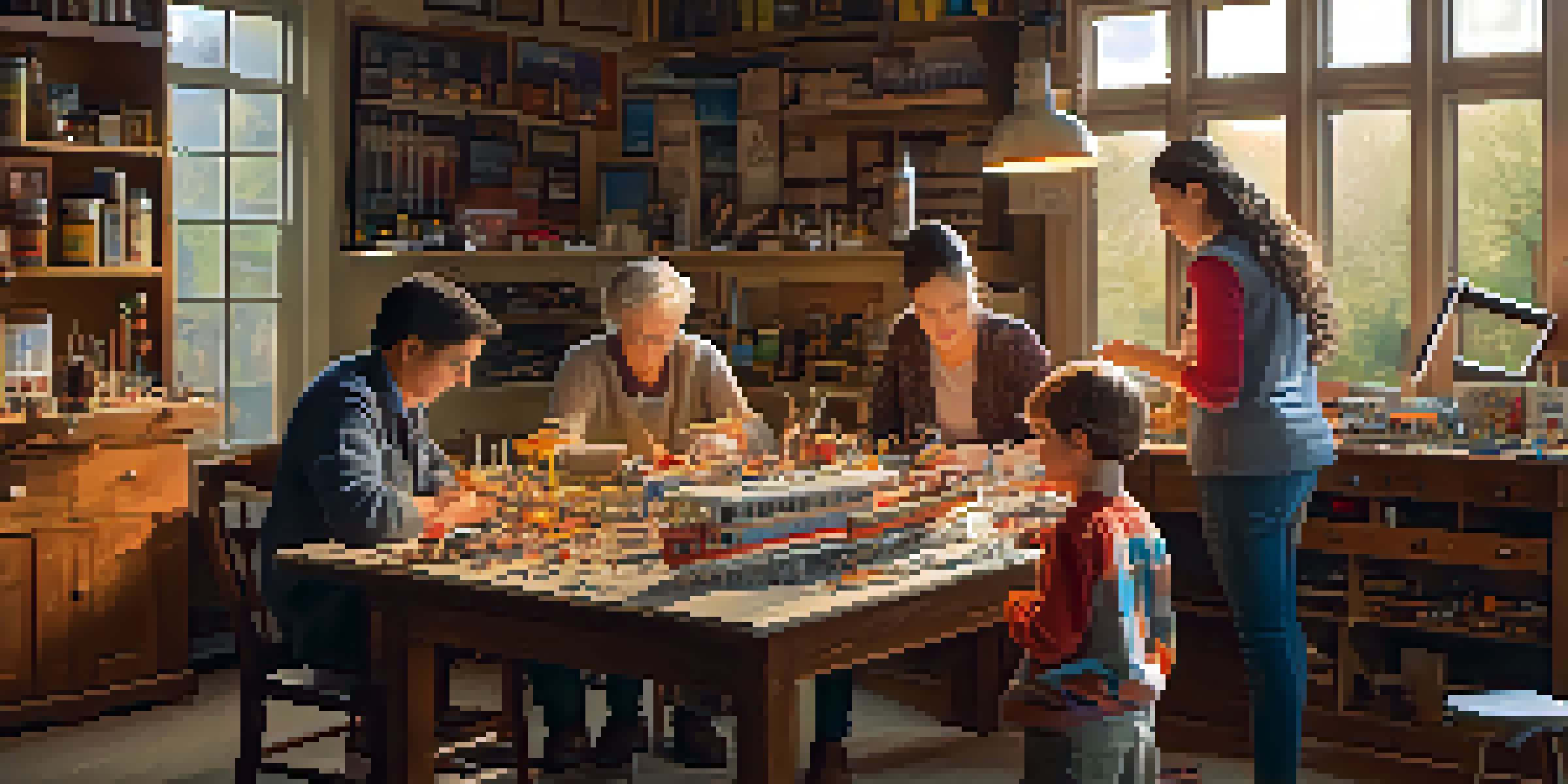 A family working together on a scale model airplane in a cozy workshop, with warm light and various tools and kits around them.