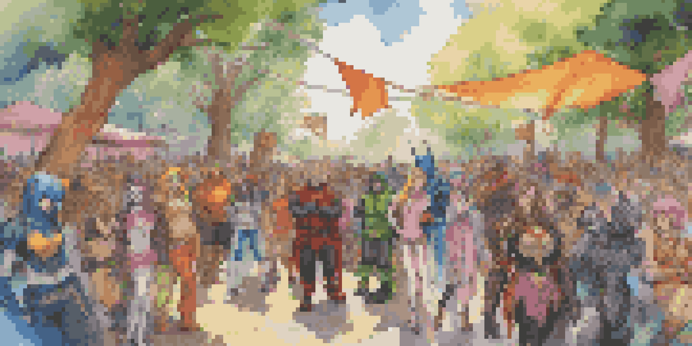 A diverse group of cosplayers dressed as various characters from video games and comics at a sunny outdoor convention, surrounded by banners and enthusiastic attendees.