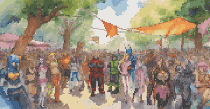 A diverse group of cosplayers dressed as various characters from video games and comics at a sunny outdoor convention, surrounded by banners and enthusiastic attendees.
