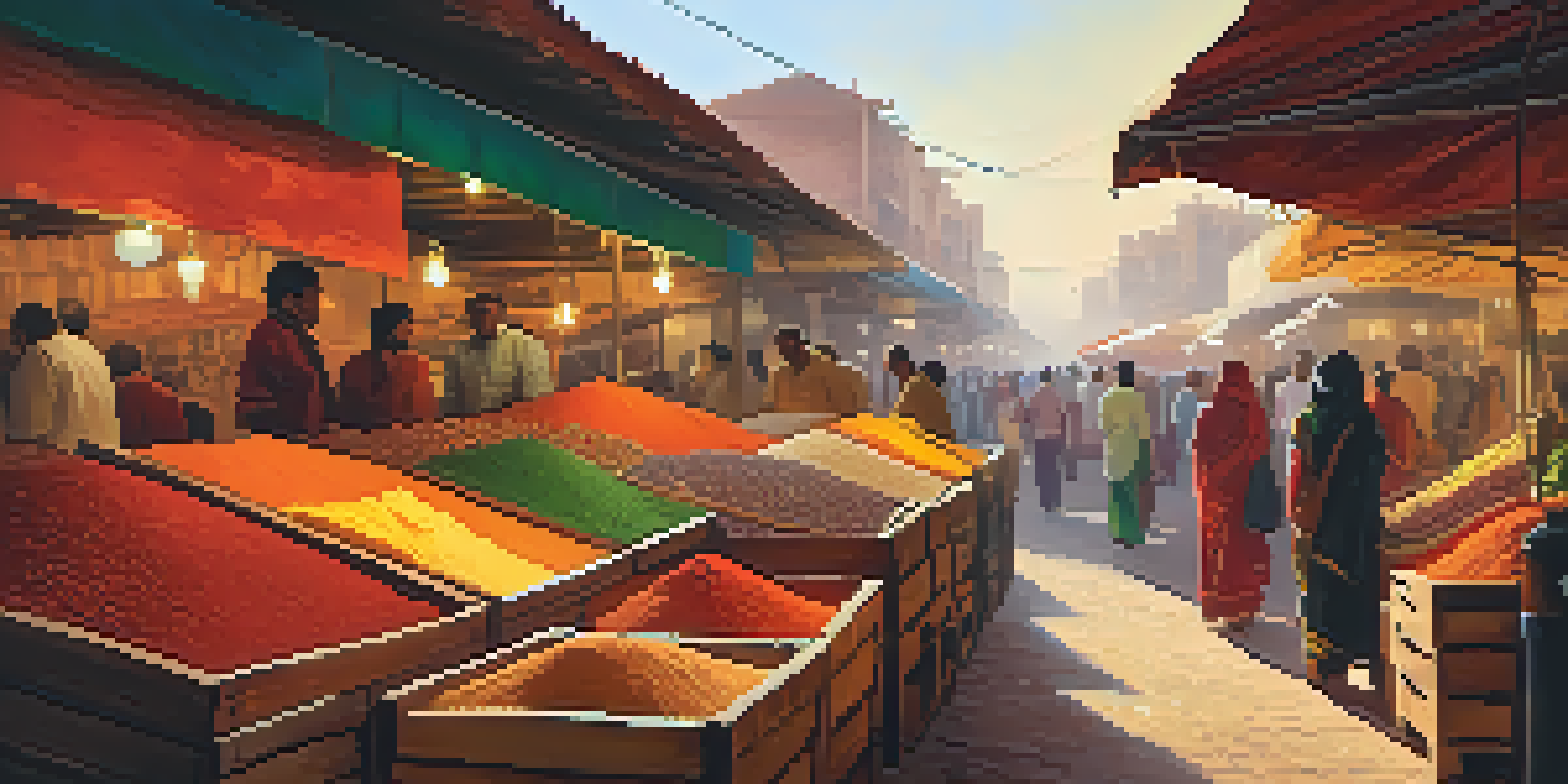 A lively Indian spice market filled with colorful spices and herbs in wooden crates, with vendors and buyers interacting under soft sunlight.