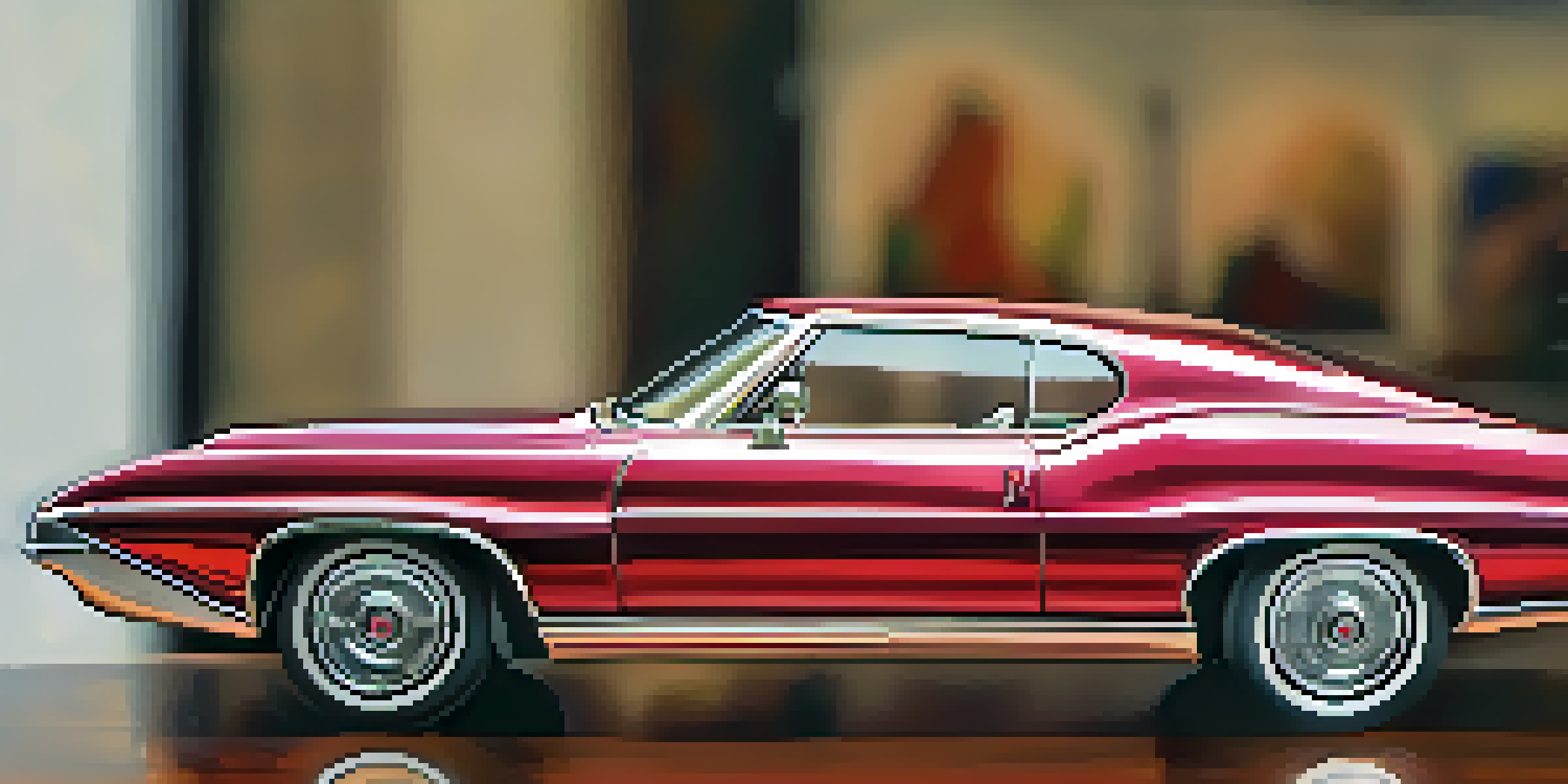 Close-up of a painted scale model car with glossy finish and vibrant colors on a textured surface.