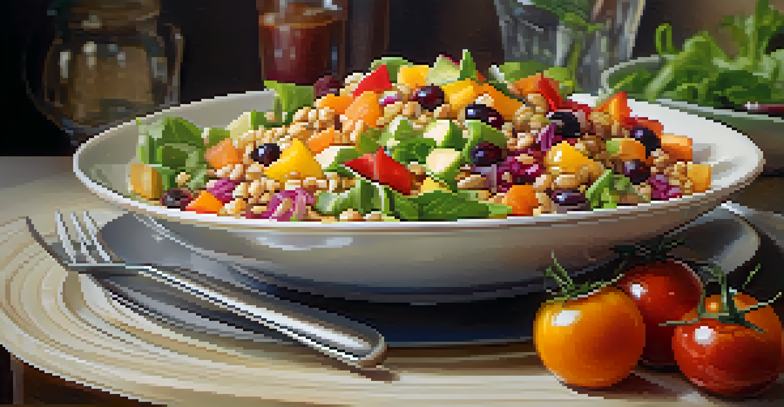 A close-up of a colorful plate of fresh food featuring a salad and grains, showcasing vibrant textures and colors.
