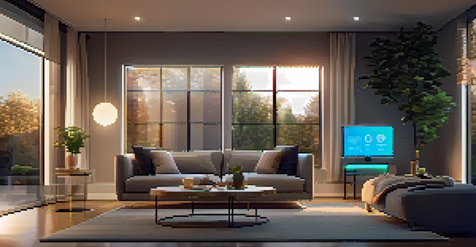 A modern living room with smart home devices, warm lighting, and a cozy atmosphere.