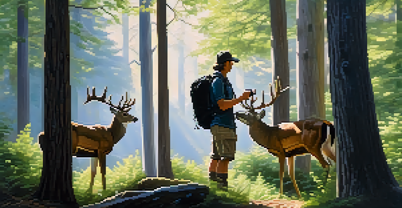 A hiker watching a deer in a forest, emphasizing responsible wildlife interaction.