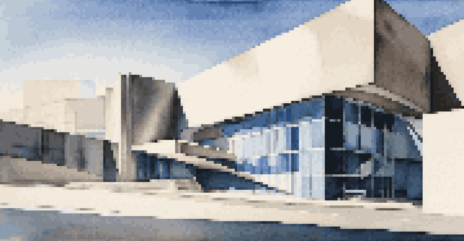 A modern building with sharp contrasts and dramatic shadows against a clear blue sky.