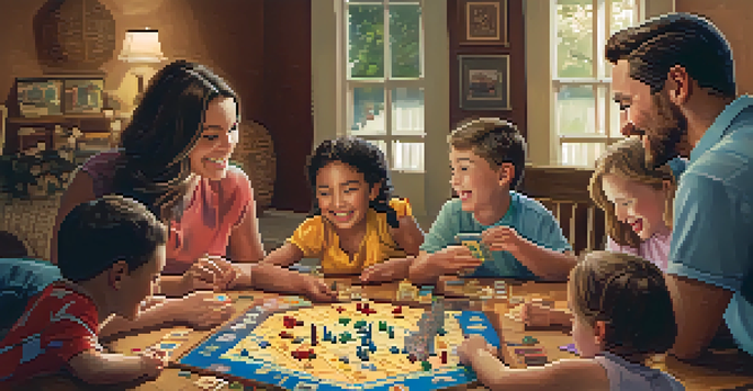 A diverse family joyfully playing a board game at a wooden table, surrounded by colorful game pieces and warm lighting.