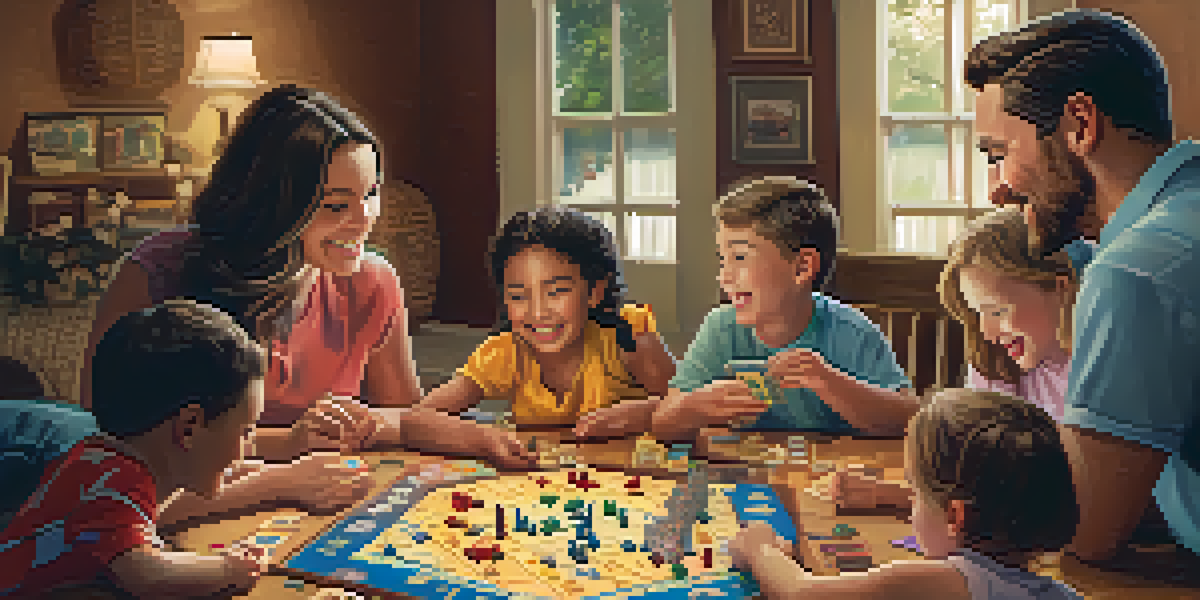 A diverse family joyfully playing a board game at a wooden table, surrounded by colorful game pieces and warm lighting.