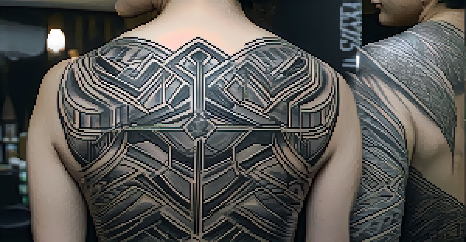 A large geometric tattoo on a person's back, contrasting black and gray designs that flow with the body's contours, enhanced by soft lighting.