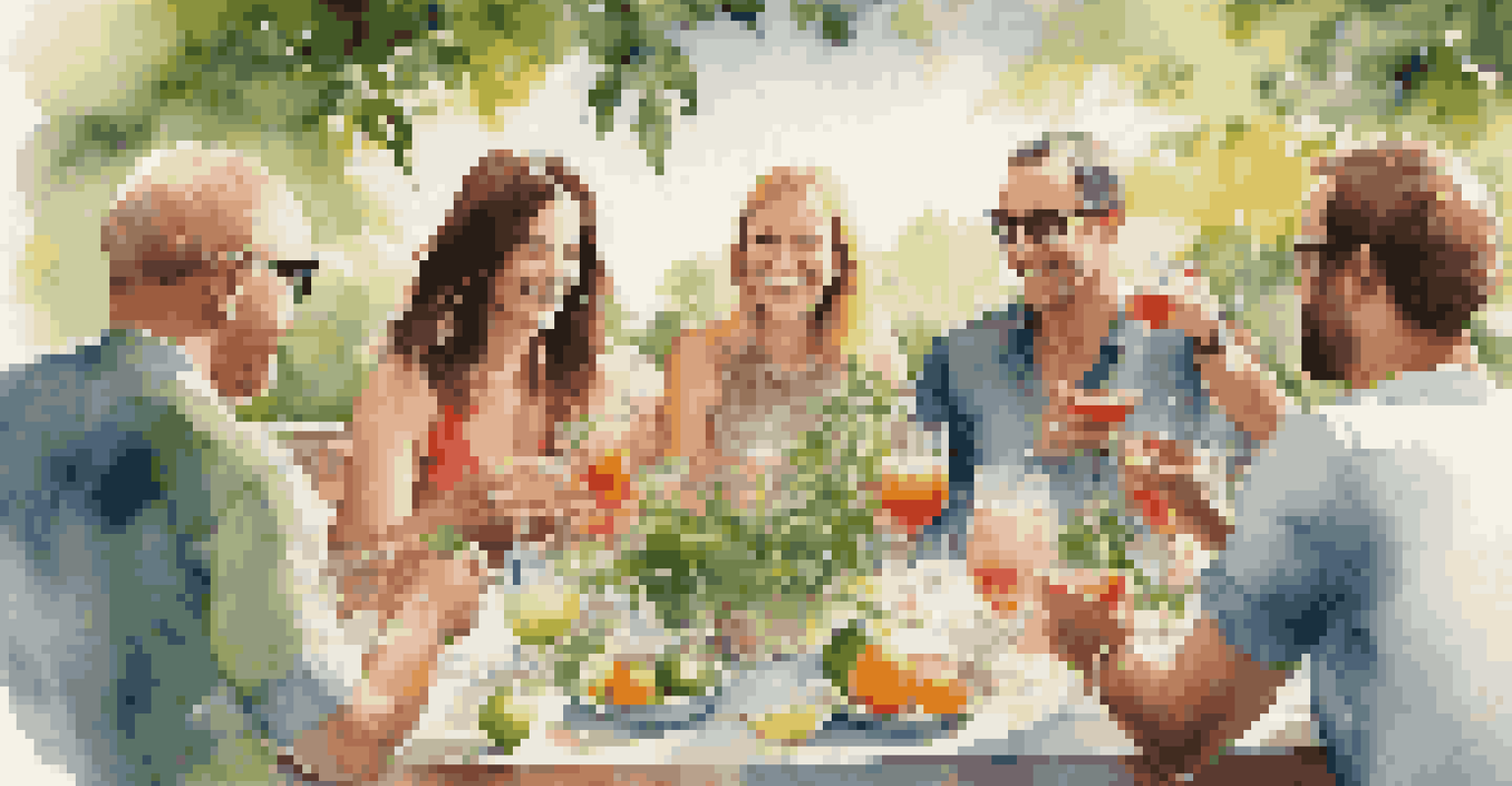 An outdoor gathering with friends enjoying colorful homemade cocktails on a beautifully set table surrounded by greenery.